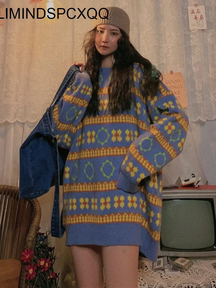 

Женский полосатый свитер в стиле ретро, толстый Свободный пуловер с длинным рукавом и круглым вырезом, уличный свитер в стиле Харадзюку, Осе...