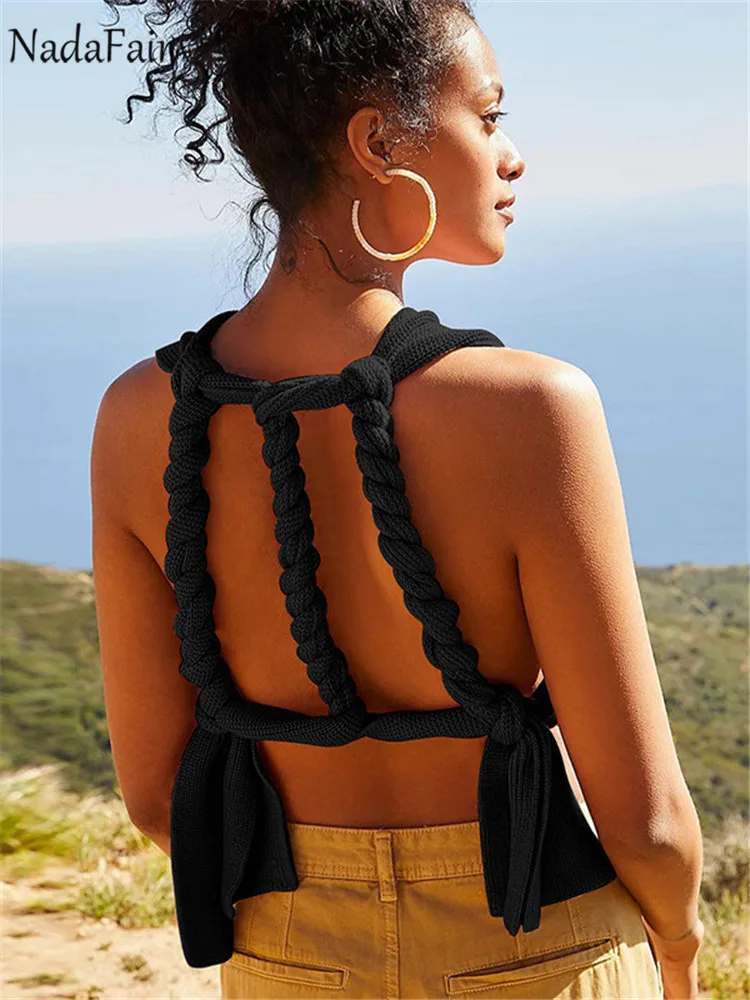 

Nadafair Sexy Bandage Backless Tops Multi Ways Knitwar Women Street Club Outfits 2022 Green Summer Crop Top Black Fashion Tank