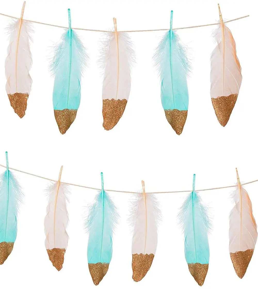 Boho Pale Pink Blue Feather Banner Garland Gold Glitter Party Decoration Wedding Chic Wild One Bohemian Tribal Decor