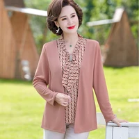 2022 middle aged mother loose clothing spring autumn fake two piece top women fashion bow tie pullover t shirts female