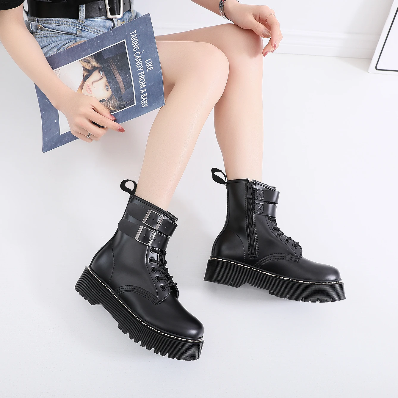 

Double Breasted Boots Genuine Leather Black Platform Ankle Boots Female Mid Heels Shoes Thick Heels Motorcycle Snow Boots