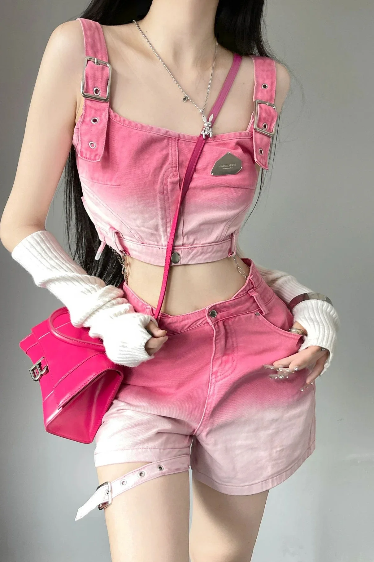 Y2K-Harajuku Джинсовые шорты в стиле панк с высокой талией Розовая тонкая уличная