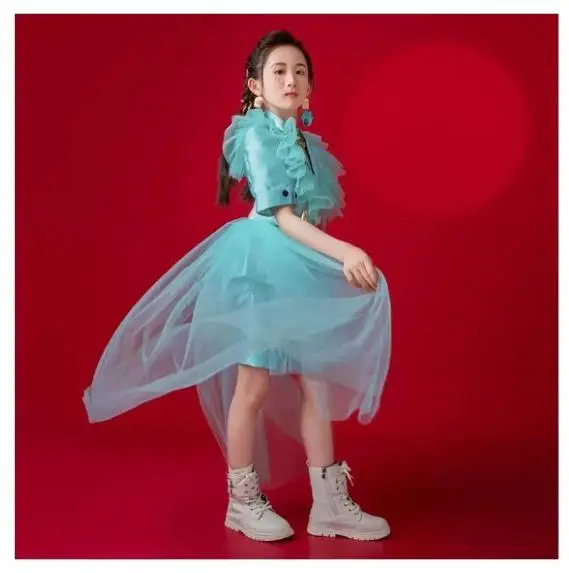 Детская подиумная одежда Kpop для девочек мятно-зеленое летающее сетчатое пальто с