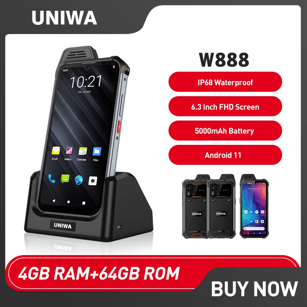 UNIWA W888 Walkie Talkie PTT 4G Smartphone IP68 Waterproof 4GB 64GB Mobile Phone Andriod 11 6.3 inch 5000mAh NFC Cellphone