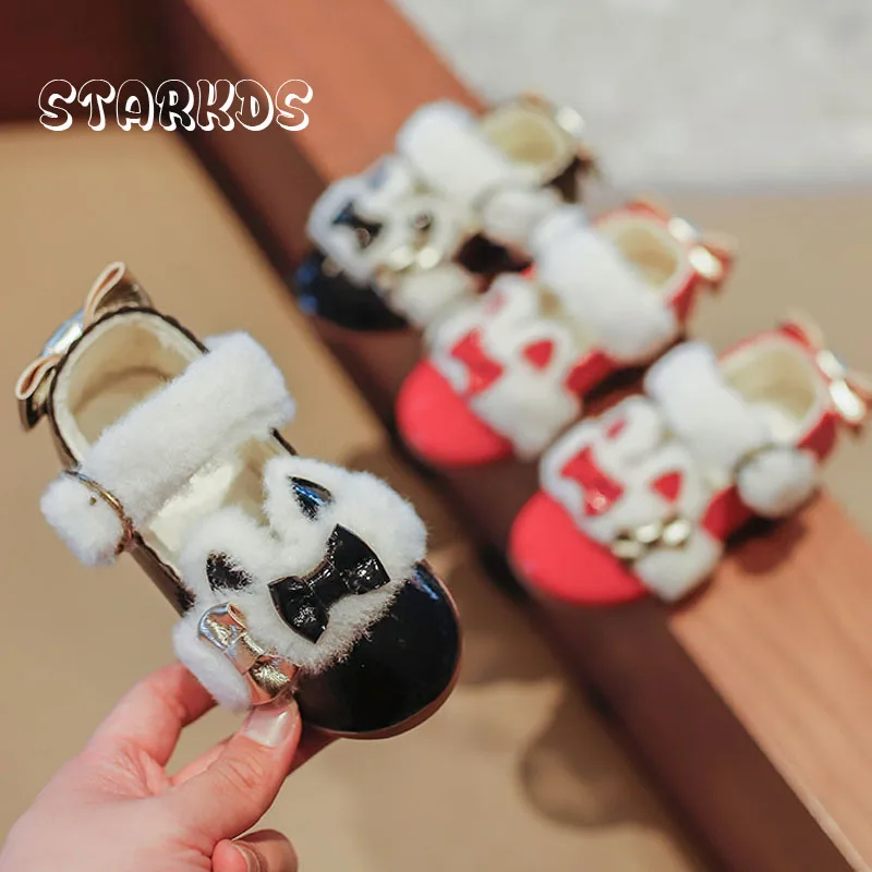 Winter Warm Plush Ballet Flats Girls Cute Furry Leatherette Princess Shoes Baby Kids Bowknot Cat Ear Mary Janes In Patent Red