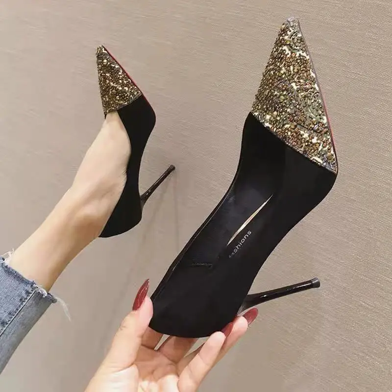 

2022 Spring Rhinestone Bridesmaid Shoes Woman High Heels Women Pumps Ponited toes Office lady Working Shoes Thin heel C1-48