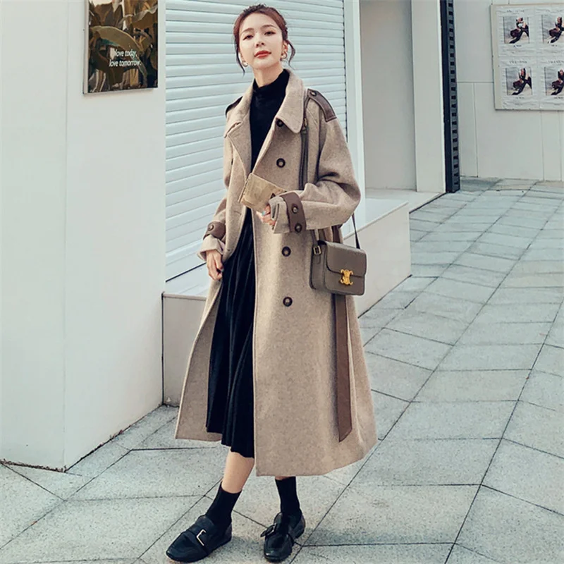 

2022 New Autumn And Winter Mid-length Temperament Gentle Girl Leather Stitching Loose All-match Thickened Woolen Coat Women