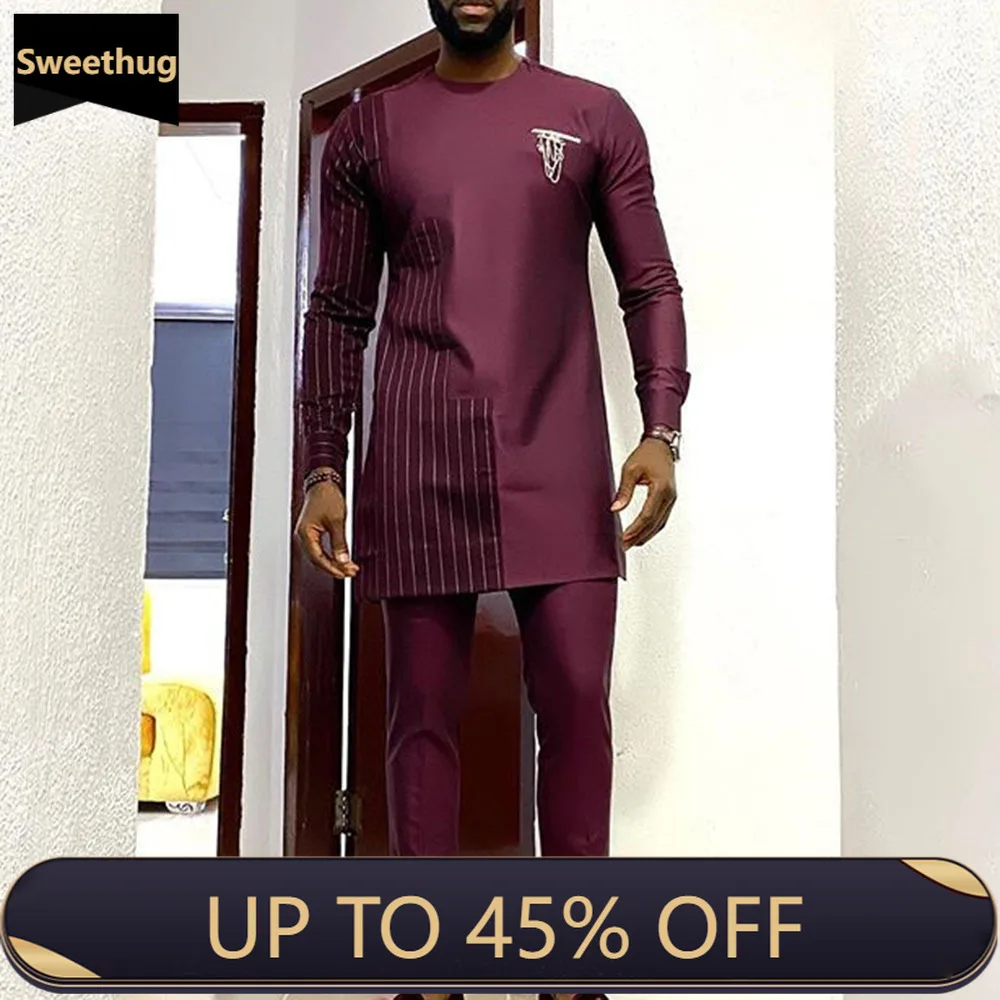 

2PC Set Dashiki T-shirt Men's Summer and Autumn Round Neck Striped Print Long-sleeved African Ethnic Style Men's Suit Arabic set