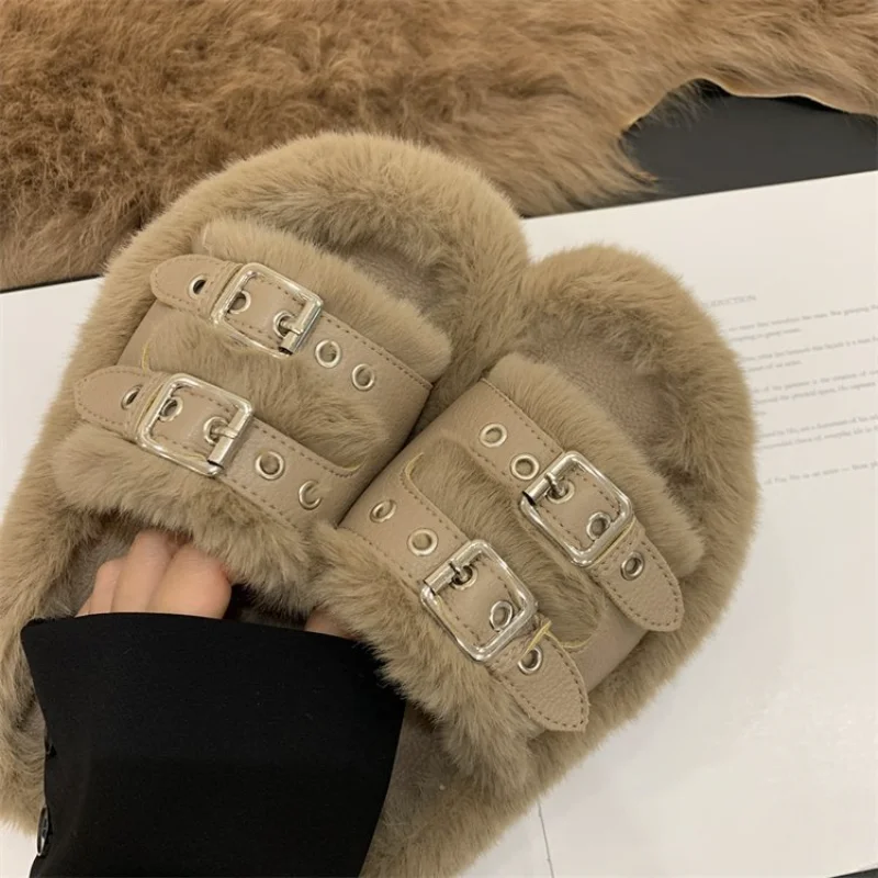 2022 Autumn and Winter New Belt Buckle Thick Bottom Fur Shoes Women's All-Match Fashion One Word Belt Cotton Slippers Women