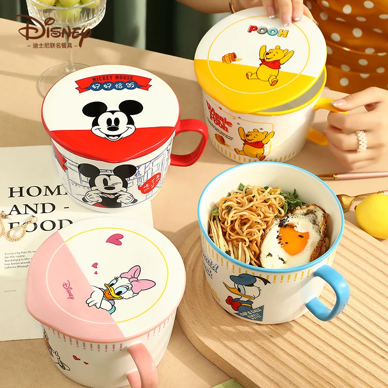 

Милая миска из мультфильма «Пух», «Микки Маус», «Дональд Дак», с ручкой, миска для лапши, с крышкой, керамическая посуда