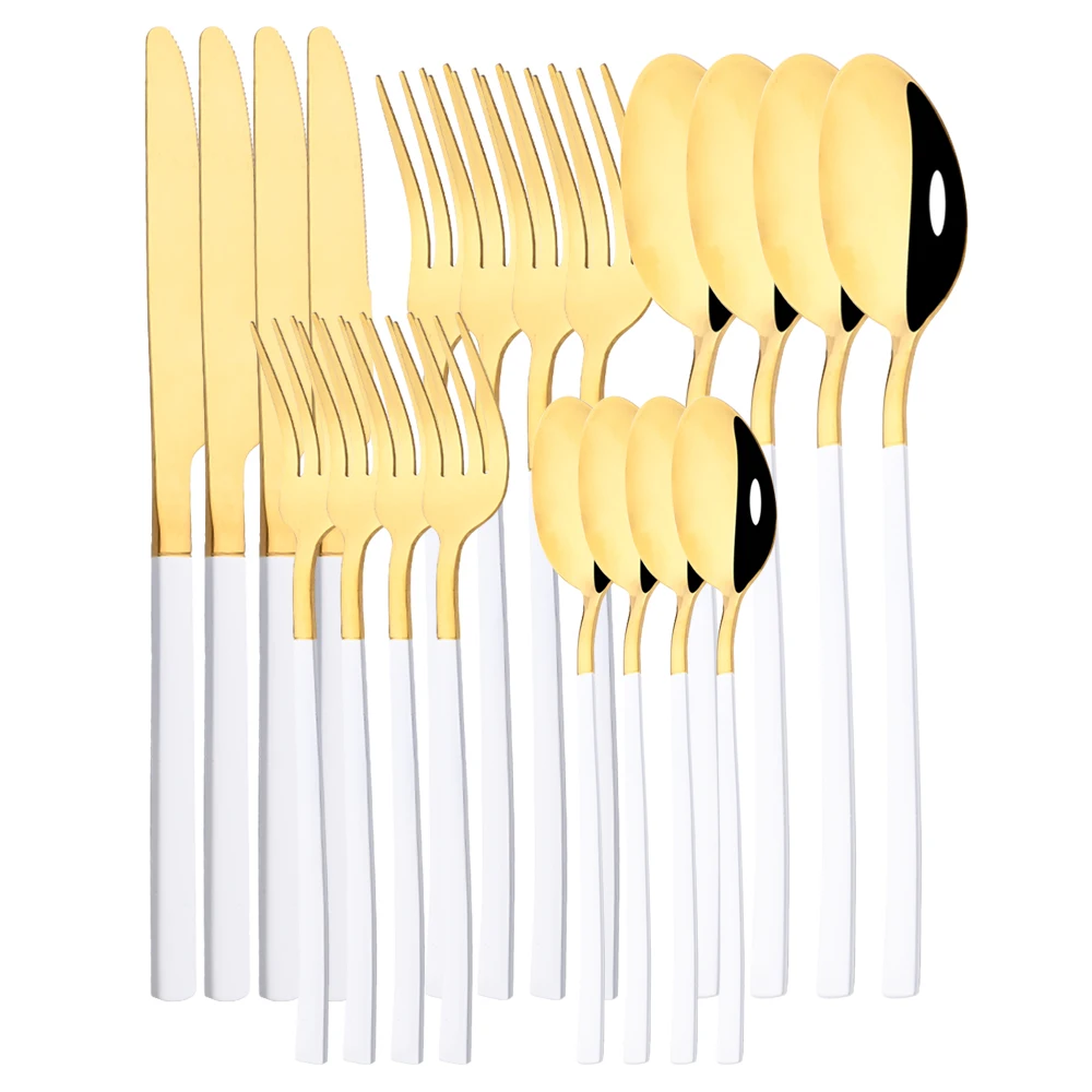 

20Pcs White Gold Tableware Set Knife Spoon Dessert Fork Dinnerware Cutlery Set Stainless Steel Kitchen Silverware Flatware Set
