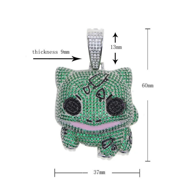 

2023 Pokemon Kawaii Bulbasaur Green Zircon Inset Animal Cartoon Pendant Rap Hip Hop Necklace Ornaments for Men and Women