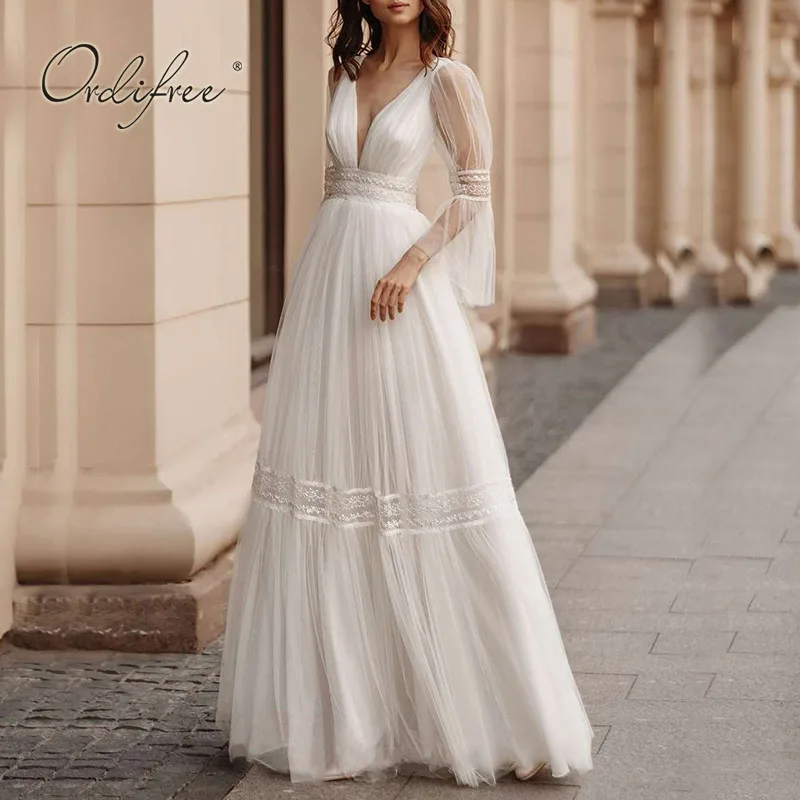 

Женское длинное вечернее платье Ordifree, белое кружевное Тюлевое Платье макси с длинным рукавом и открытой спиной, лето 2022