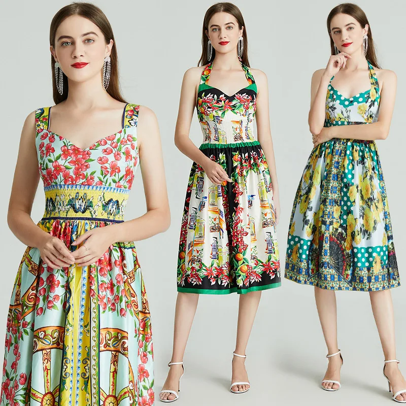 

Summer printing Maxi Dress sleeveless Women Print Boho Long Chiffon Sling Dress Wrap Casual Dress Hem Summer Beach Dress Vintage