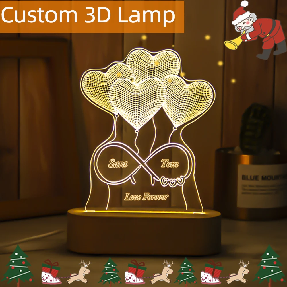 Drop Shipping Personalized Name Date 3D Illusion NightLight USB LED Wood Base Acrylic Lamp Home Decor Unique Christmas Gift