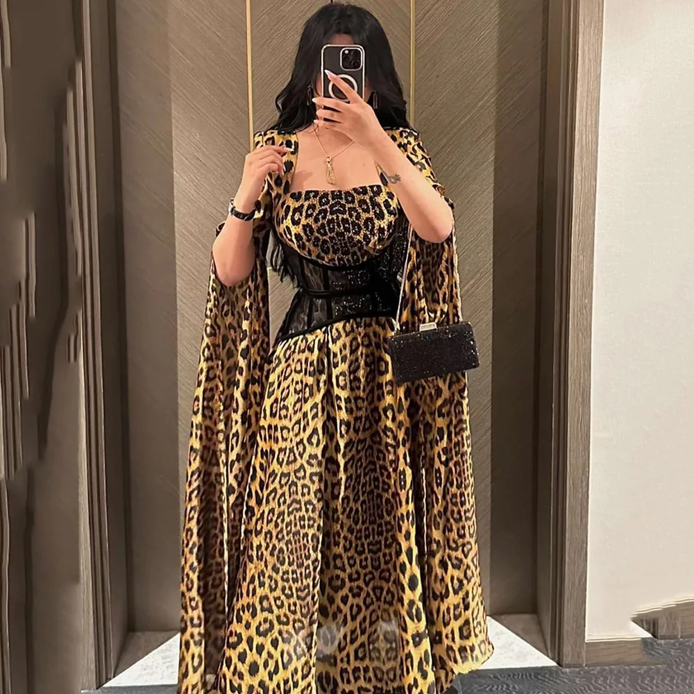 

Prom Gown A-line Printed Leopard Print Square Collar Belt Party Dress Sexy Evening Dresses فساتين السهرة 2023 جديده