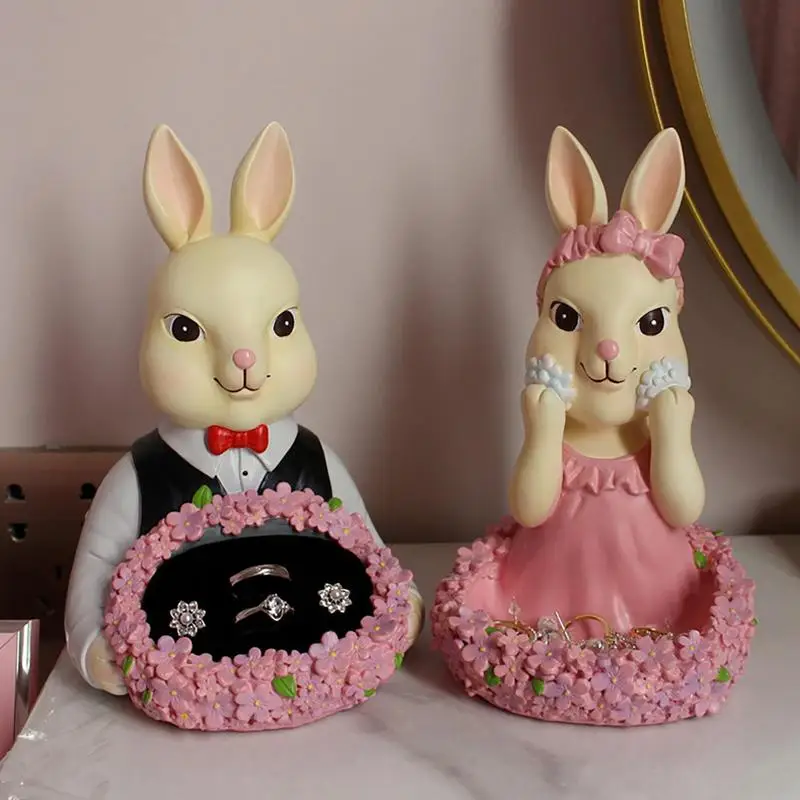

Rabbit Jewelry Tray Bunny Couple Figurine Easter Resin Rabbit Statue With Pink Flowers For Necklace Earrings Hair Rope Candy