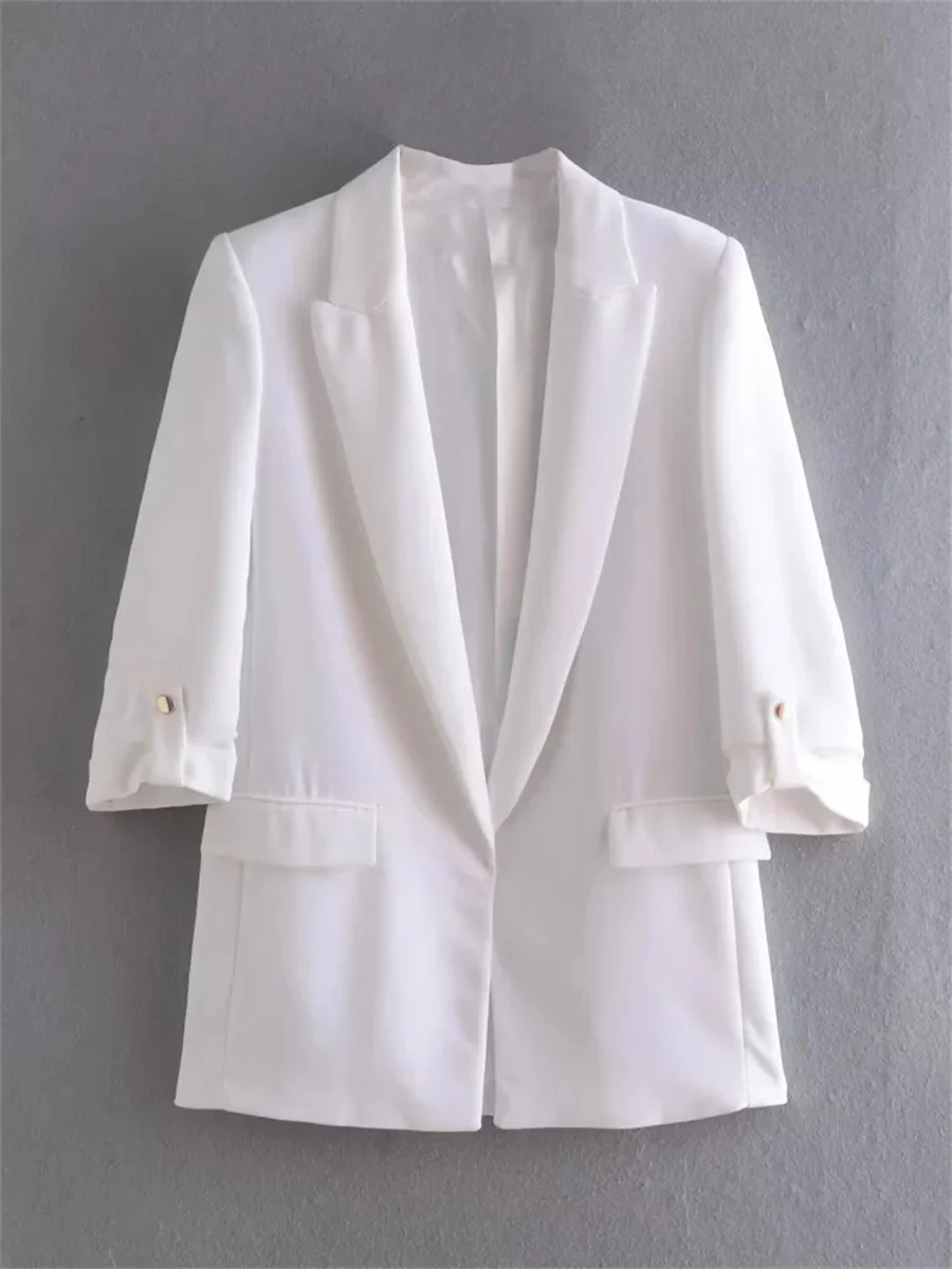 

Women Fashion Solid Straight Long Satin Blazer Coat 2022 New Sleeves With Rolled Buttoned Flap Pockets Casual Female Outerwear