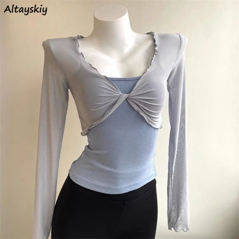 

Solid Long Sleeve T-shirts Women Thin Slim Sun-proof Vacation Beach Seaside Crop Tops Simple All-match Sexy Girl Soft Minority