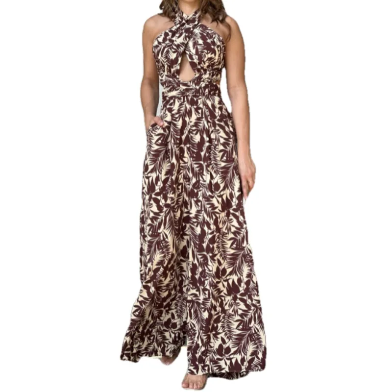 2023 Summer New Casual Women's Jumpsuit Fashion French Retro Style Hanging Neck Sleeveless Hollow Out Elegant Wide Leg Jumpsuit