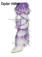 winter designer womens catwalk feather boots sexy purple fringe feather heels pointed toe knee high with feather fringe boots
