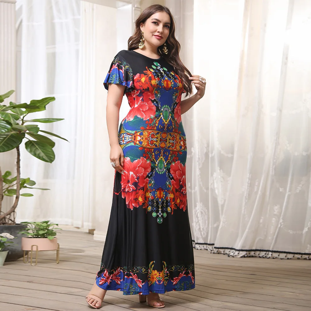

MD Dashiki Floral Print Boho Dress African Dubai Women Plus Size Short Sleeve Maxi Robe 2023 Spring Ladies Africa Clothing Gown