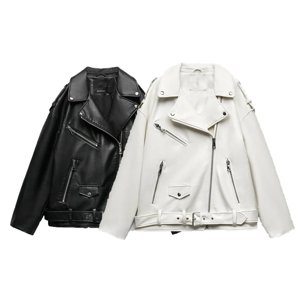 Autumn New Fashion Women's Casual Handsome Street Versatile Lapel Long Sleeve Belt Decoration Imitation Leather Jacket