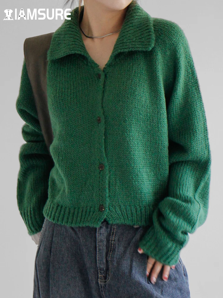 

IAMSURE Basic Solid Knitted Cardigans Loose Turn-Down Collar Long Sleeve Sweaters Women 2022 Autumn Winter Fashion Ladies Tops