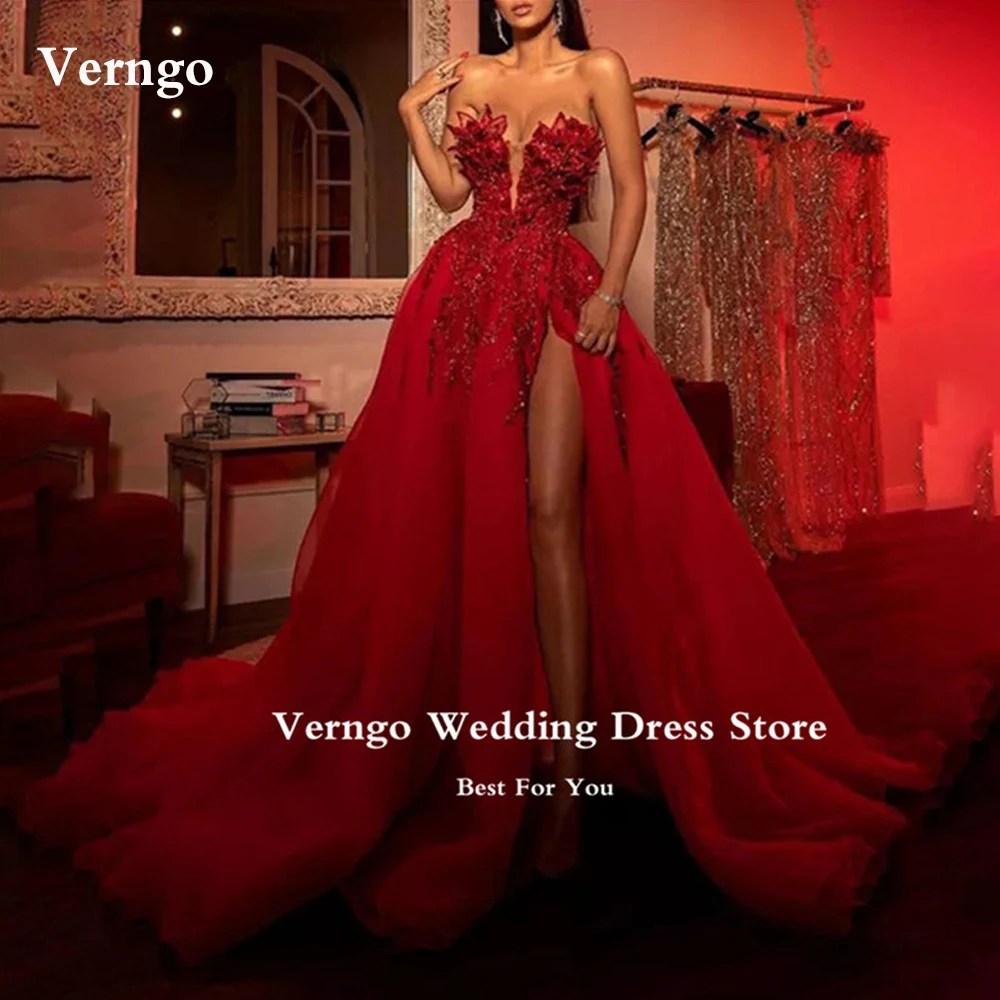

Длинные блестящие красные платья Verngo для выпускного вечера, роскошные женские Соблазнительные привлекательные тюлевые кружевные платья с аппликацией и блестками для торжественных случаев, 2023