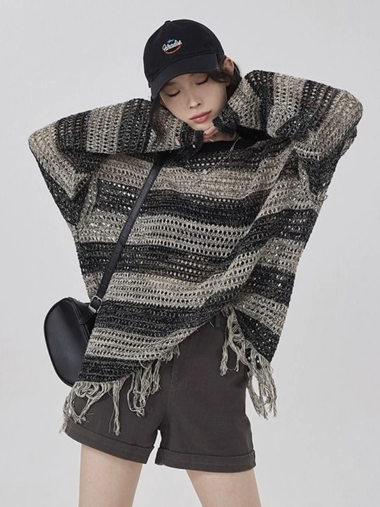 

QWEEK Grunge Hollow Out Striped Sweater Women Streetwear Vintage Aesthetic Knitted Pullover Fairycore Oversize Jumper Black Tops