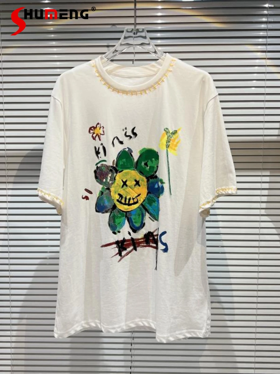 

Новинка лета 2022, Повседневная футболка с рисунком каракули из мультфильма, с коротким рукавом, женский модный Свободный пуловер, белые топы