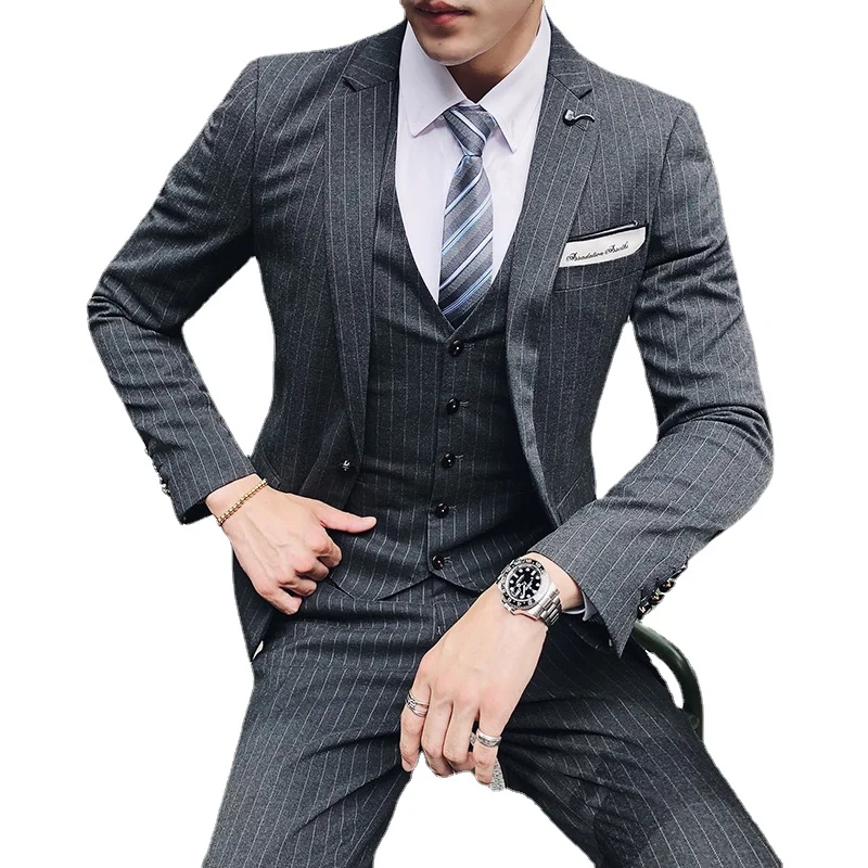 

( Jacket + Vest + Pants ) Fashion Boutique Striped Lattice Men Casual Business Three-piece Suit Groom Wedding Dress Stage Tuxedo
