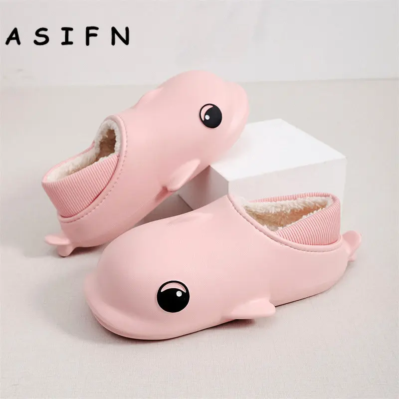 

ASIFN Winter Non-slip Cotton Slippers with Heel Women's Home Furry Indoor Cute Dolphin Couple Men's Cotton Shoes Wholesale