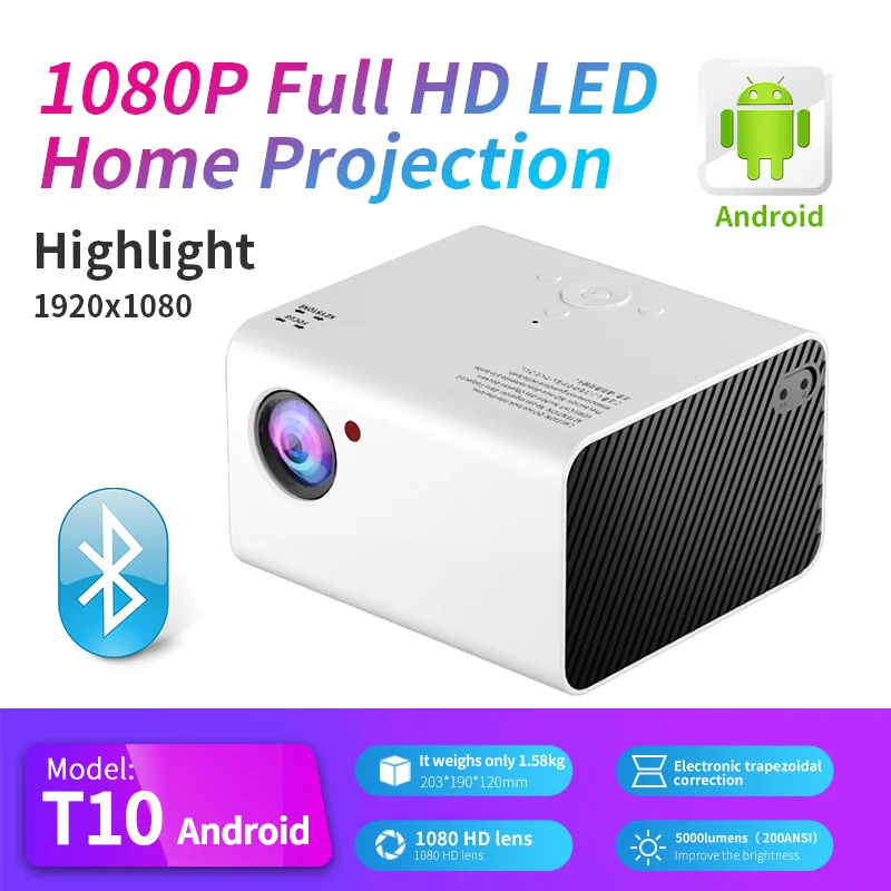 

Мини-проектор T10 на Android, 4500 люмен, встроенный 1080P Wi-Fi Full HD 4K, ЖК-дисплей, портативный проектор для домашнего кинотеатра, видео, фильмов