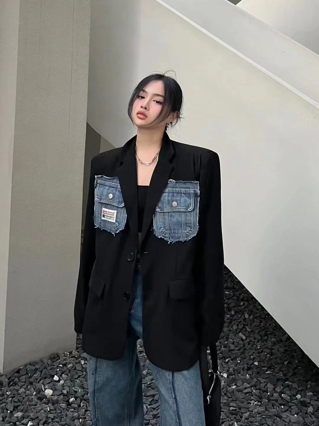 

SuperAen 2022 Spring/Autumn New Loose Denim Pocket Splicing Casual Notched Single Breasted Suit Women Blazers