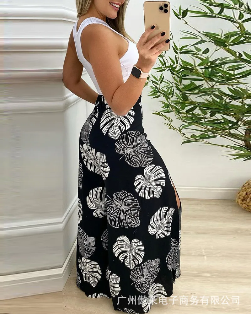 2022 Summer Fashion New Women's Printed Wide Leg Pants Set Casual O Neck Sleeveless Top & High Waist Slit Trousers Suit