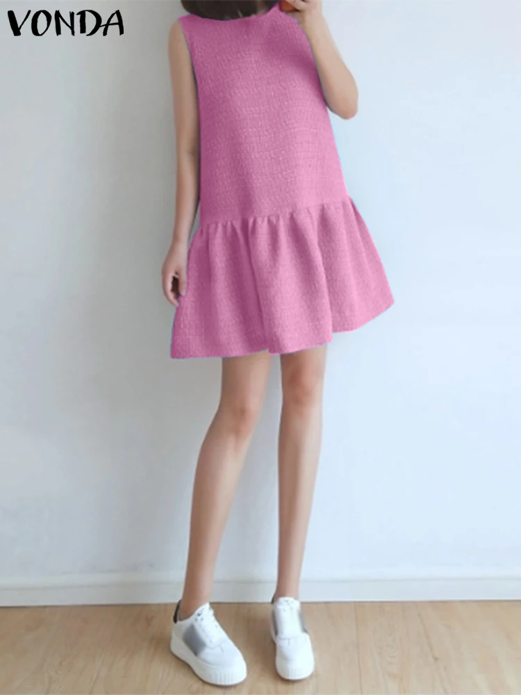 

Summer Mini Dress Sexy Ruffle Sundress Women Vintage Solid Color Tank Vestidos 2023 VONDA Beach Holiday Dress Casual Robe Femme