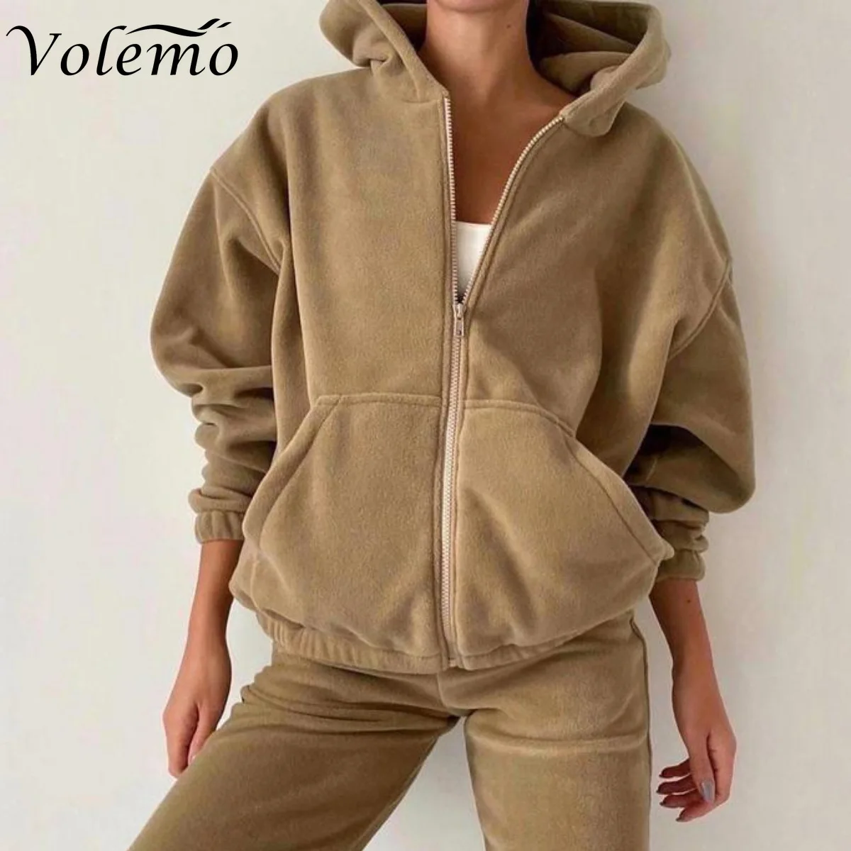 

Winter Two Piece Sets Women Zipper Tracksuit Solid Color Sports Hoodie Pant Sportswear Suit Trouser Suits Female Sweatshirt