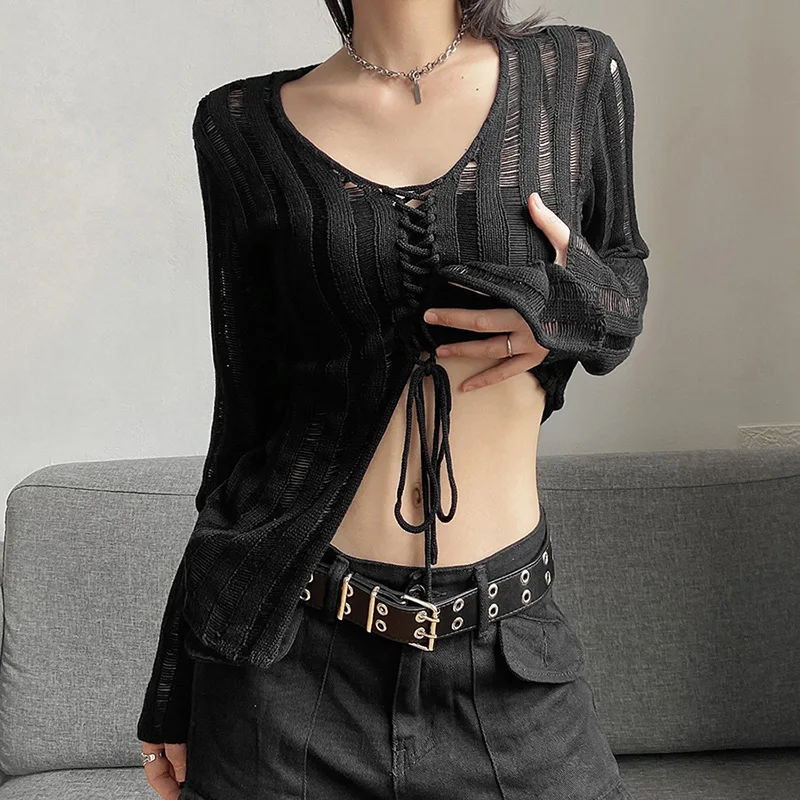 

Goth Dark Mall Gothic See Through Bandage Blouse Black Casual Sexy Knitwear T-shirt Y2k Long Sleeve Streetwear Women Solid Tops