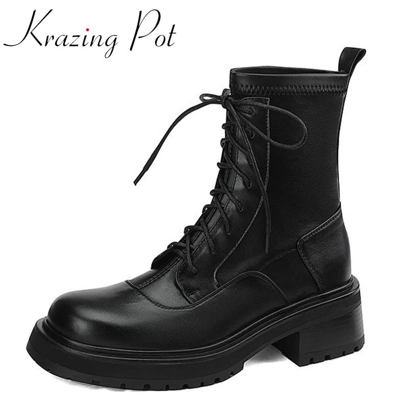 

Сапоги Krazing Pot из натуральной кожи с круглым носком, на толстом высоком каблуке, модные ботинки на платформе, повседневные ботильоны в стиле ...