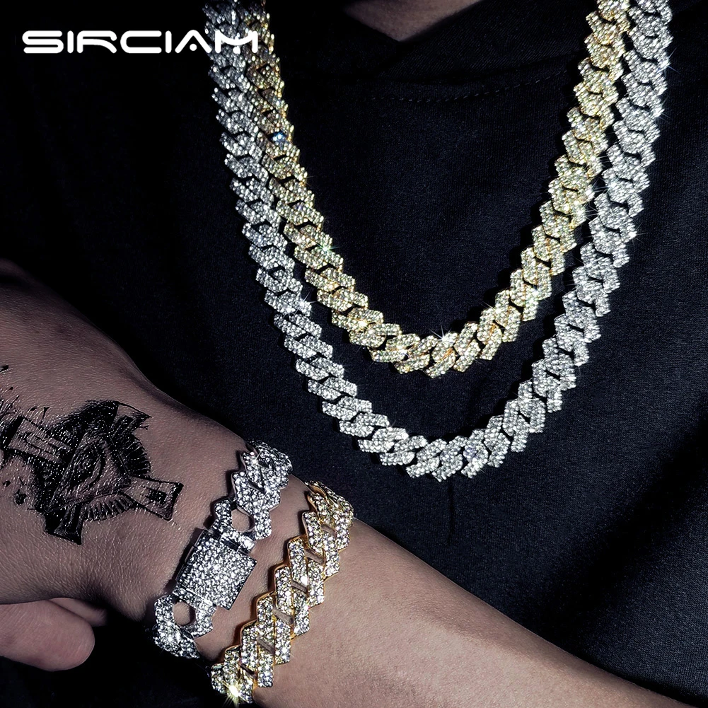 

Hip Hop Chain 14mm Prong Miami Cuban Chain Necklace Bracelet For Men's Bling Rhinestones Paved Link Chain Necklaces Punk Jewelry