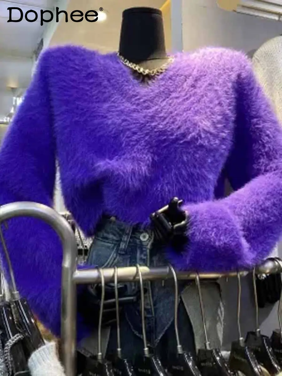 

Свитер женский однотонный из меха норки, Элегантный мягкий Свободный пуловер с V-образным вырезом, короткий плюшевый свитер, корейский стил...