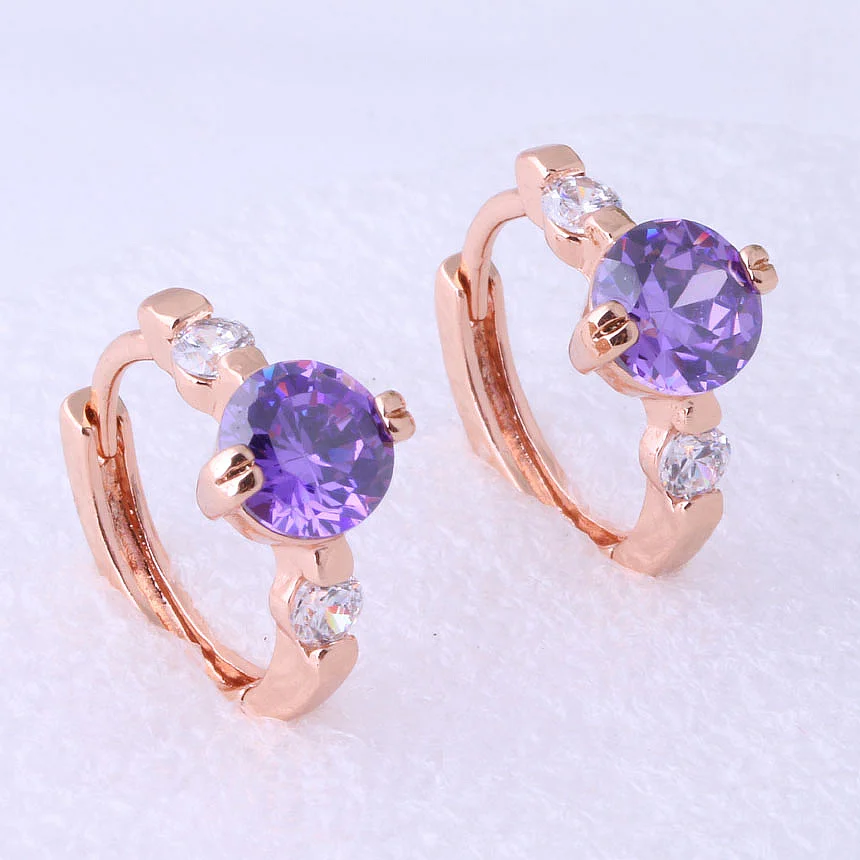 Серьги-пуссеты Love Monologue с фиолетовыми кристаллами CZ и покрытием розовым золотом для свадебного юбилея подарок X0113.