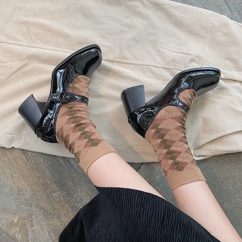 LLUUMIU New Mary Janes Shoes Thick Heels Waterproof Platform Patent Leather Classics Dress Square Toe Buckle Strap Women Pumps