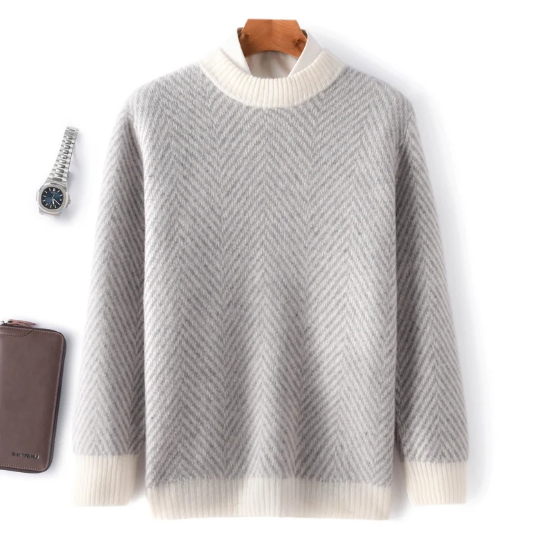 2023 100%  Wool Men's Round Neck Colorblock Top Autumn Winter New Fashion Knitted Sweater