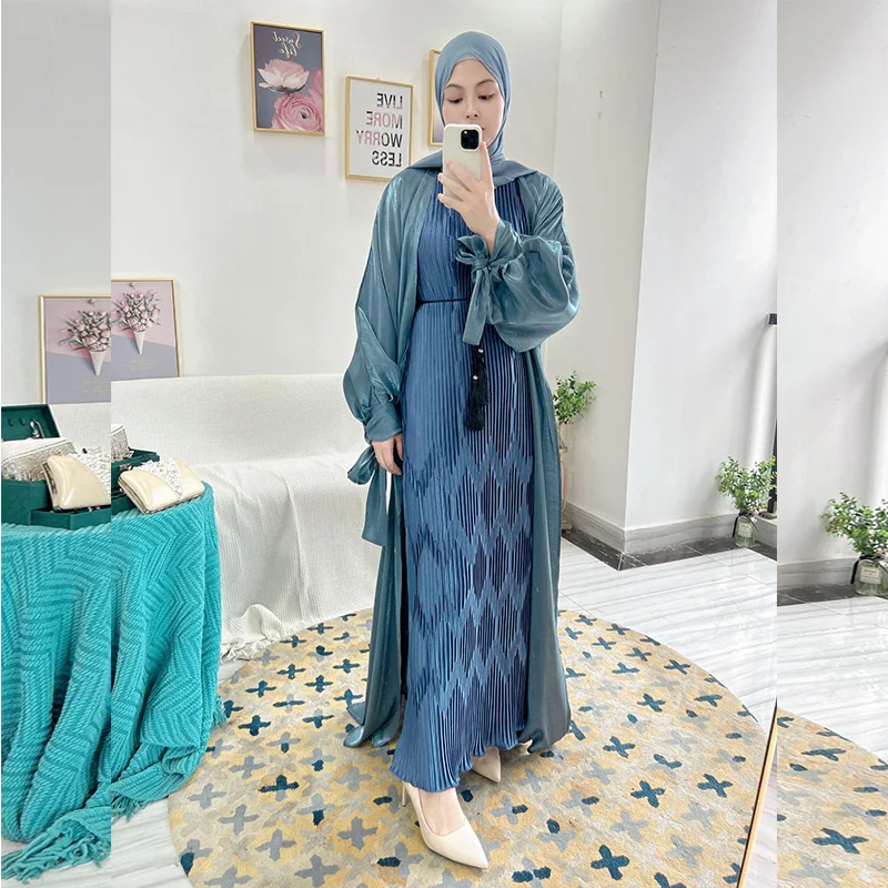 Muslim Dress Women Bubble Sleeve Cardigan 2022 Summer Colorful Elegant Long Drerss Oppen Abaya Jalabiya for Women