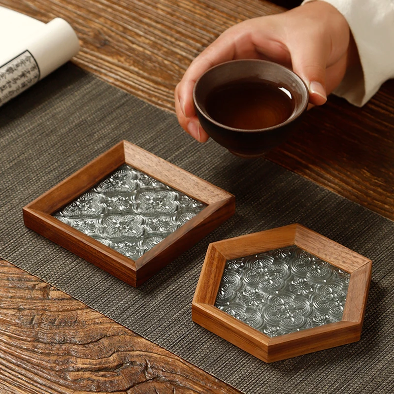 

Household Walnut Tea Coaster Vintage Begonia Flower Glass Tea Mat Solid Wood Heat Insulation Mat, Anti-scald Placemat 2pcs