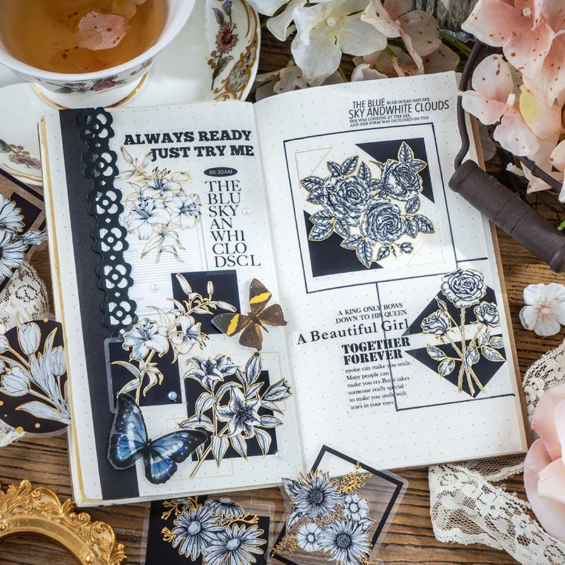 

30PCS Decorative Sticker Black Gold Flower Season Series Retro Rose Tulip Scrapbooking Material Label Diary Junk Journal Planner
