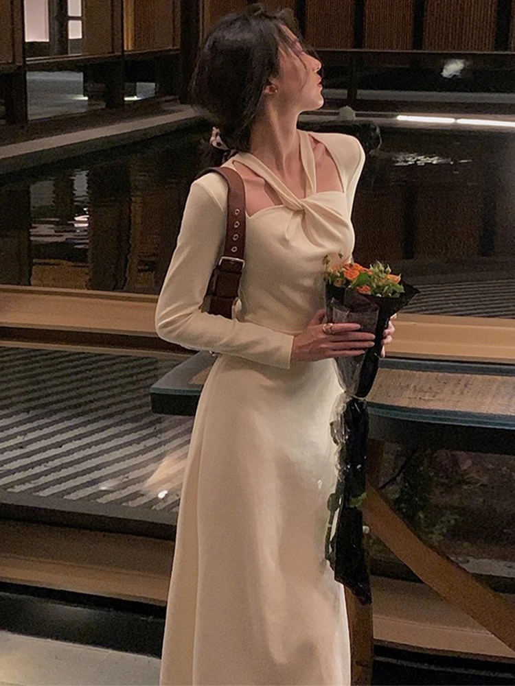 Осеннее французское винтажное элегантное платье женское пикантное вечернее