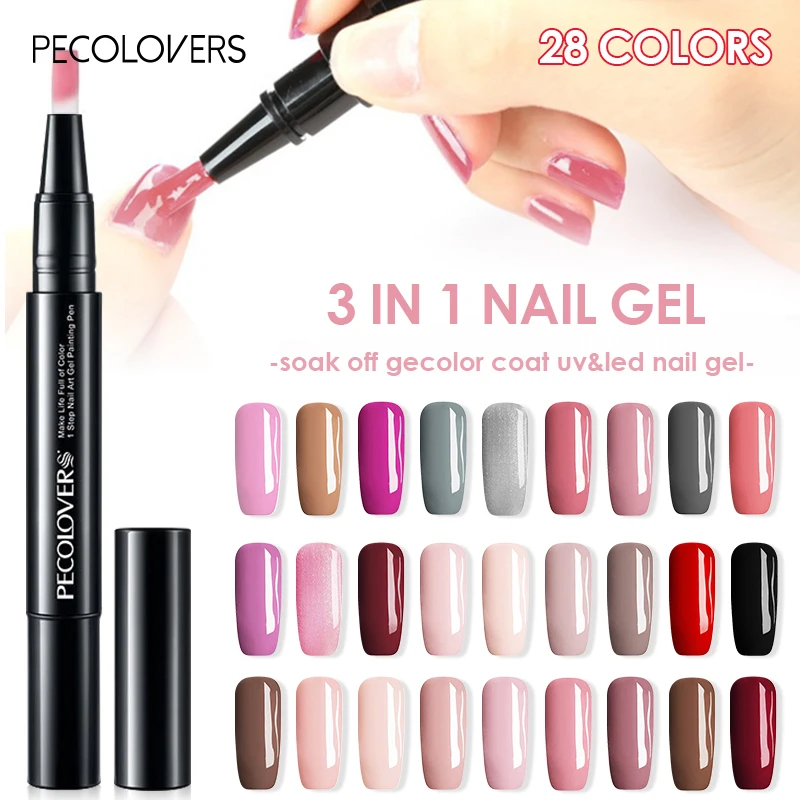 

PECOLOVERS 28 Colors 3 In 1 Step Nail Varnish Pen One Step Nail Gel Polish Easy To Use UV Gel Painting Glue Nail Accessories